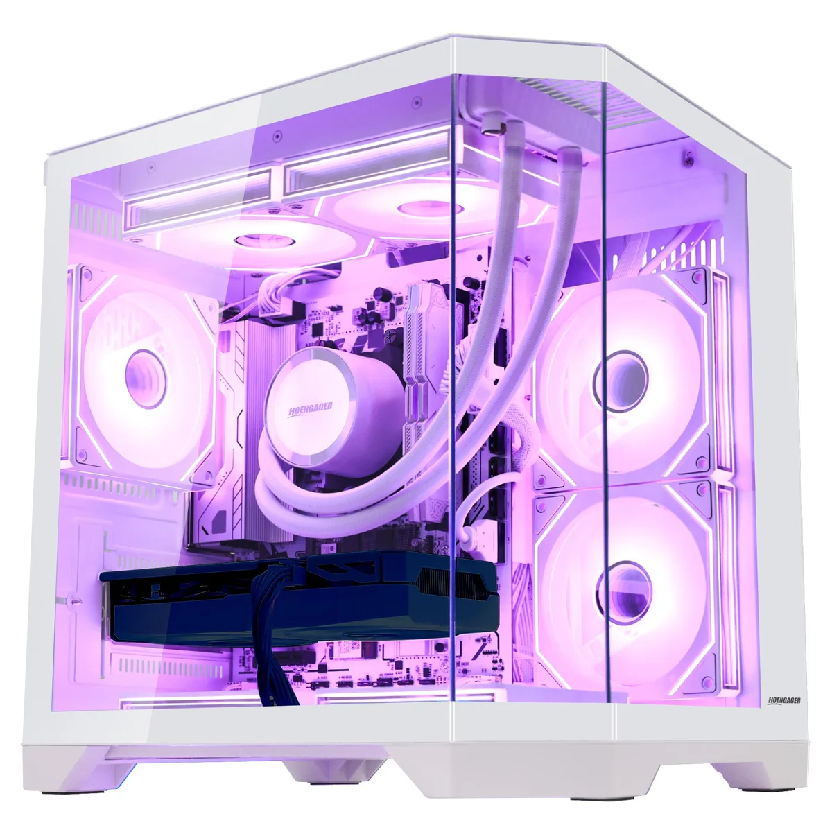 Hoengager Hoengager Gaming PC Ryzen 7 7800X3D Radeon RX 9060 XT 16GB 32GB DDR5 1TB 850W 240mm AIO White — product photo