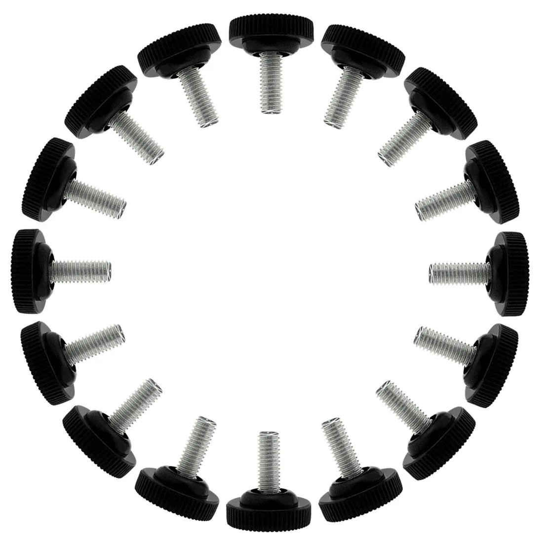 Sixteen black adjustable leveling feet with threaded stems and plastic bases