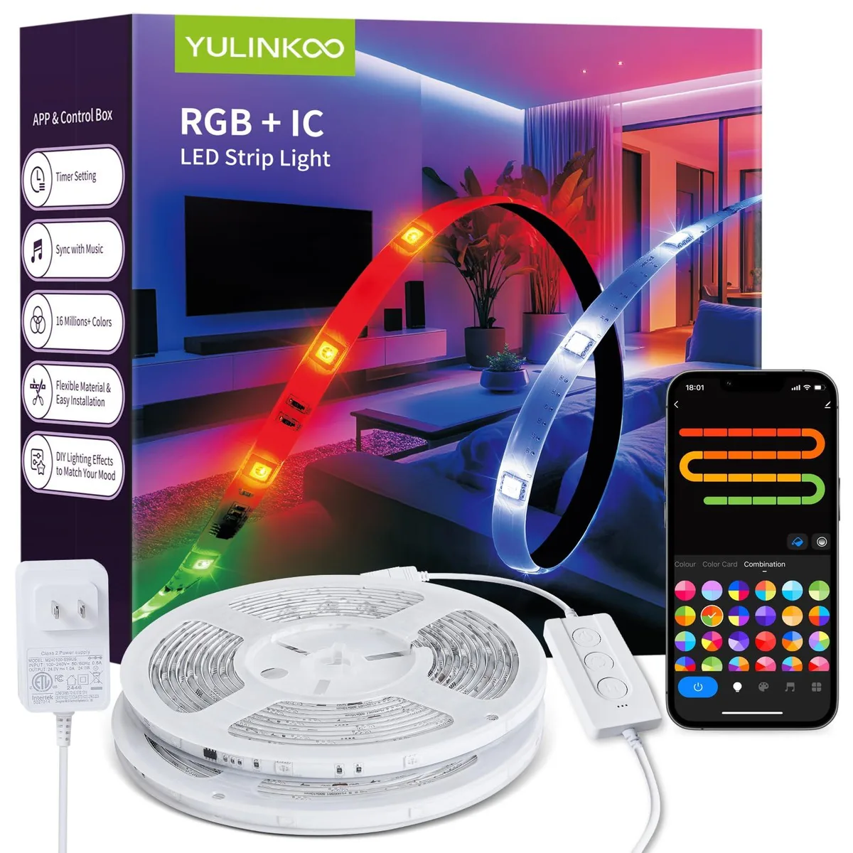 White flexible LED strip light on clear prismatic silicone rubber, 32.8ft roll with clips