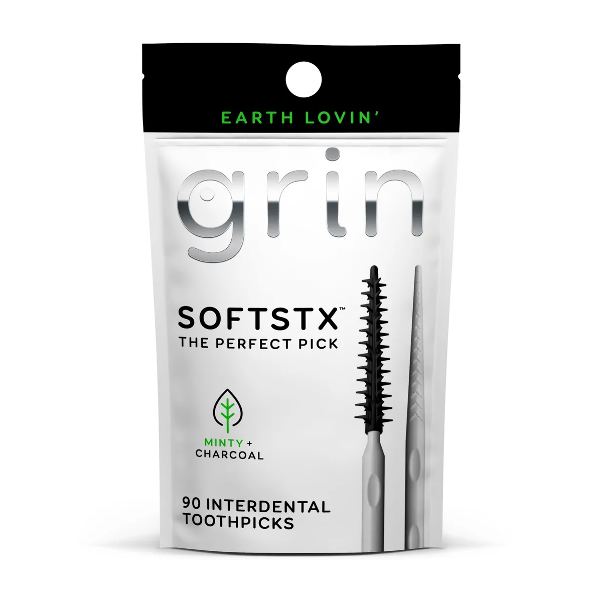 A black rectangular case holding ninety charcoal-infused dental picks with minty flavor