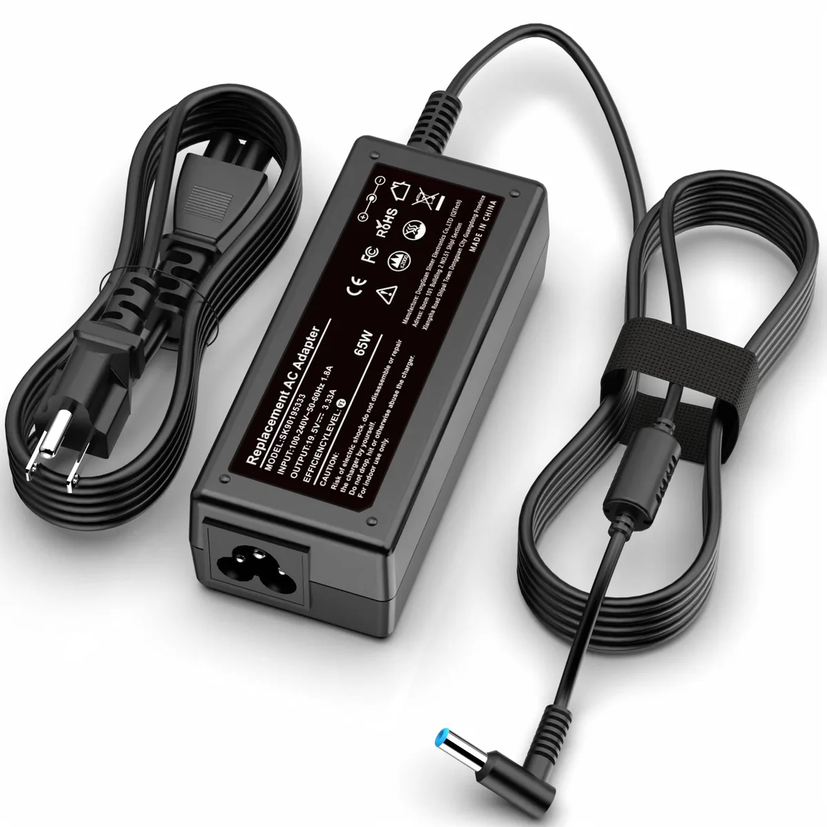 Black rectangular AC adapter with blue-tip barrel connector and coiled cable