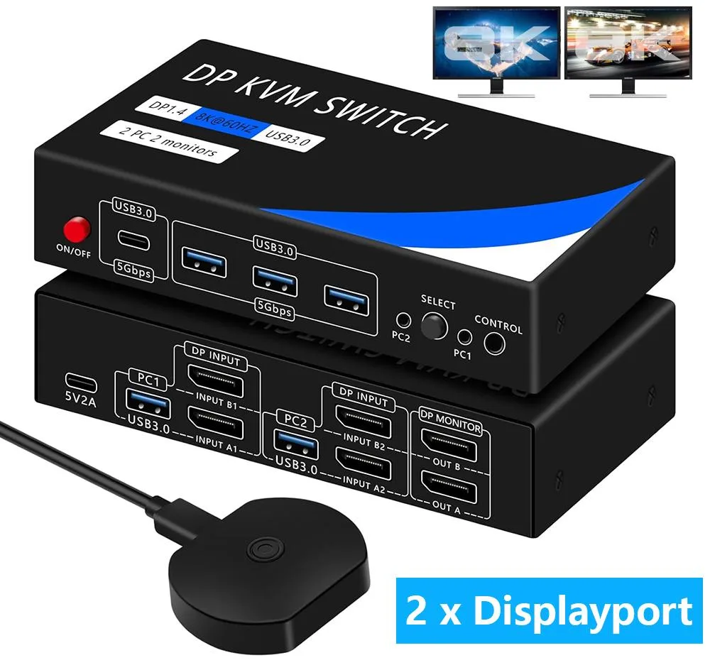 IHDAPP IHDAPP KM-DP202A KVM Switch 2 Port 8K@60Hz 3 USB-A 1 USB-C Wired Remote — product photo
