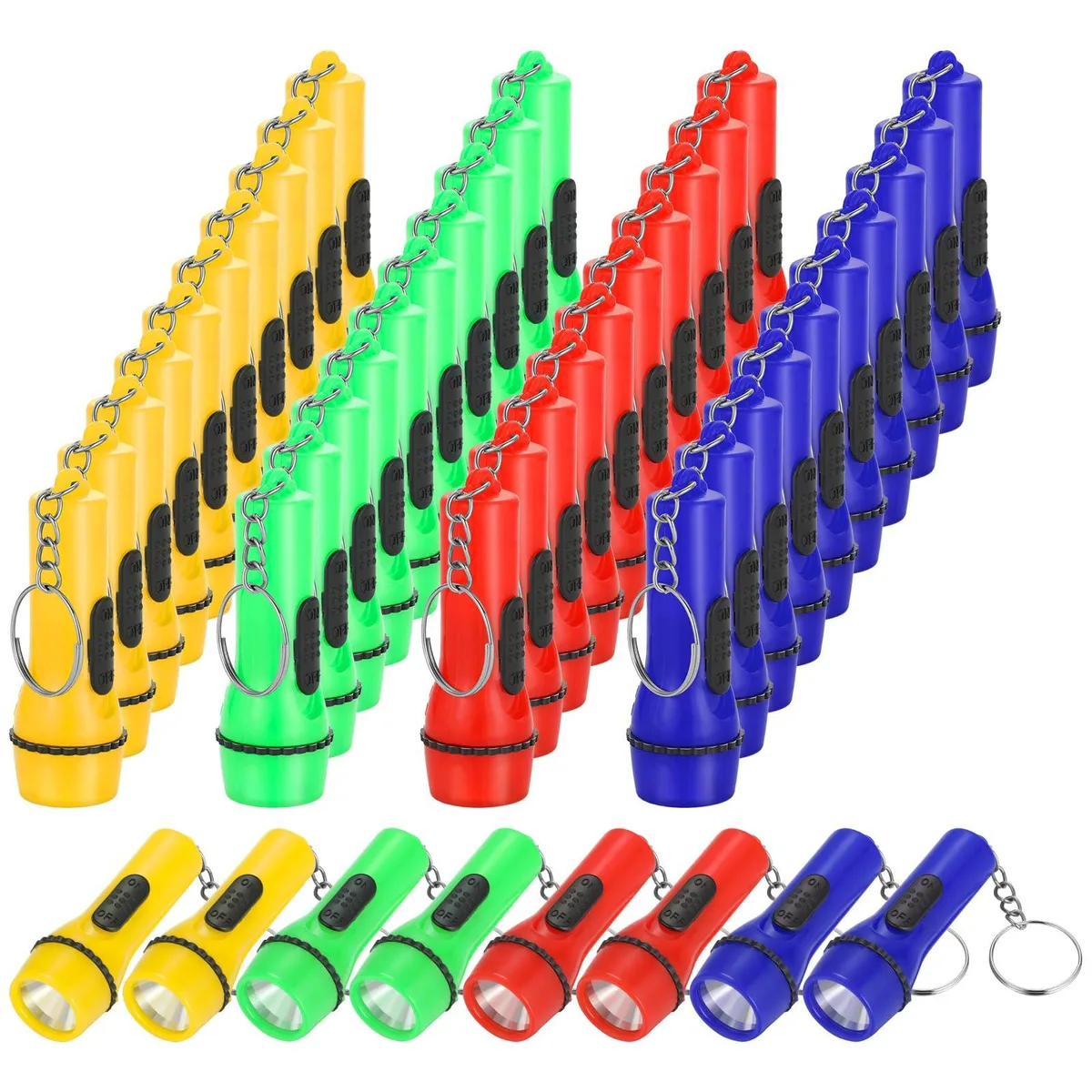 Forty-eight tiny plastic flashlights on stainless key rings in red yellow blue and green