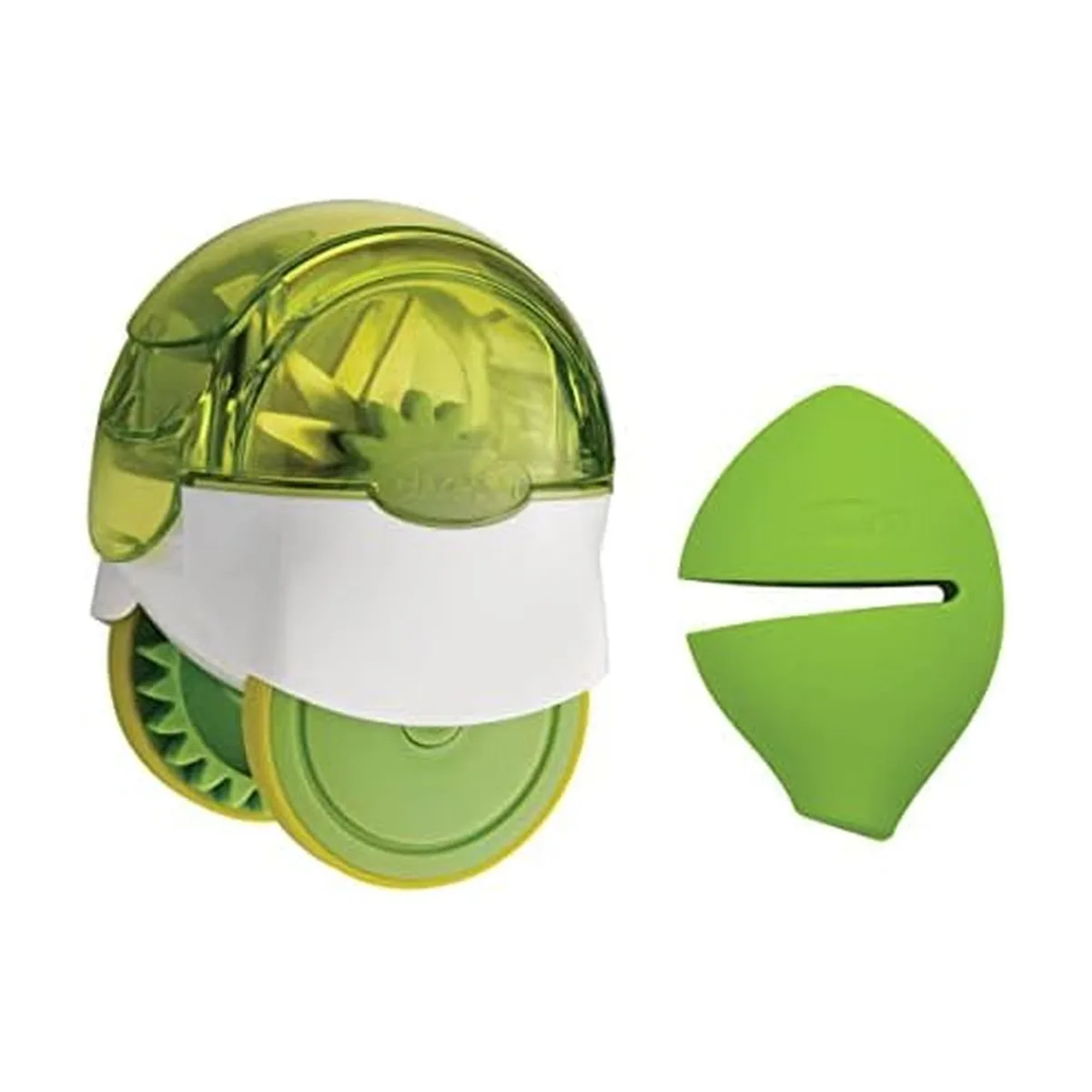 Green plastic garlic chopper on wheels, compact rectangular shape