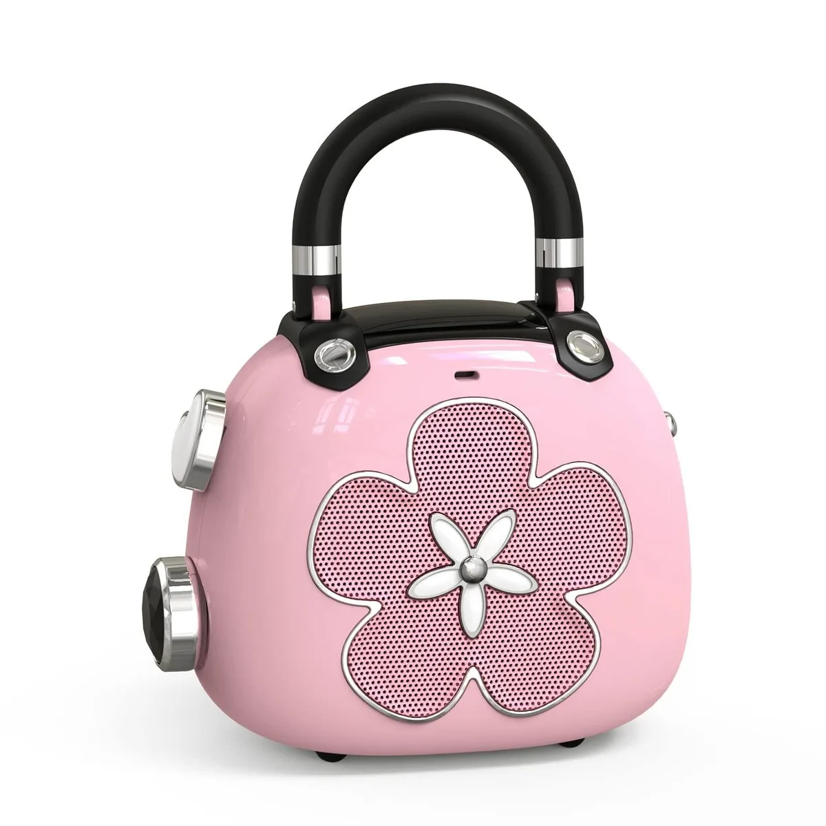 Small pink Bluetooth speaker with metal ring attachment, compact rounded shape, matte finish