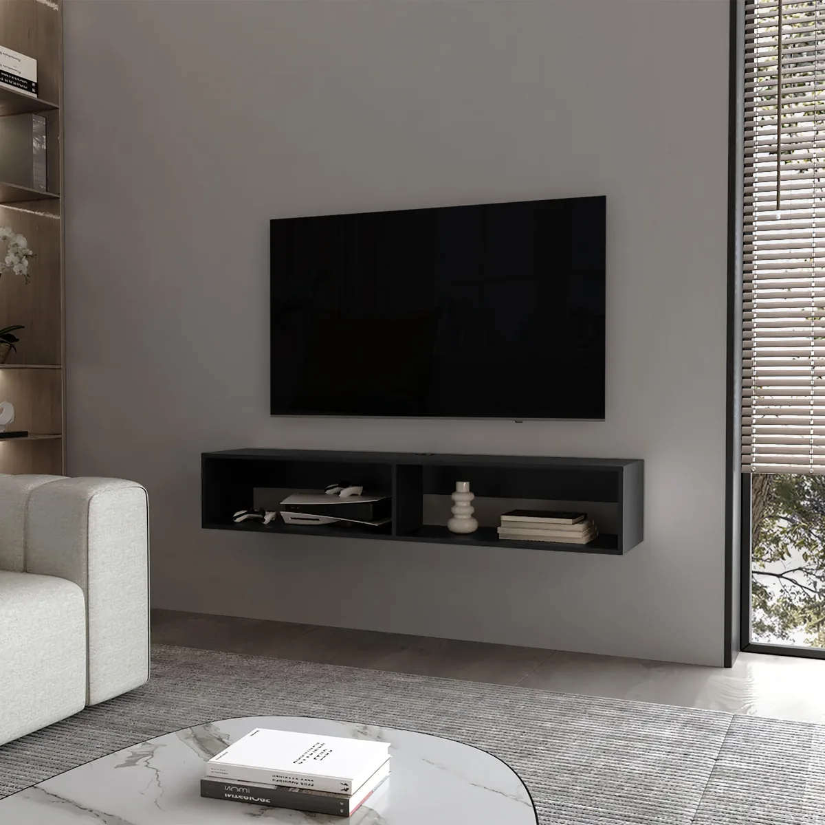Wall-mounted black melamine media rack with two shelves