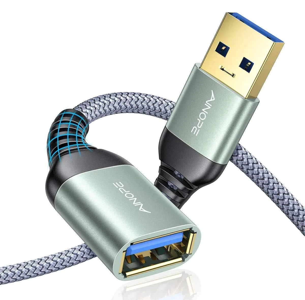 Two grey braided USB 3.0 extension cables, 3.3 ft and 6.6 ft, Type A male to female connectors