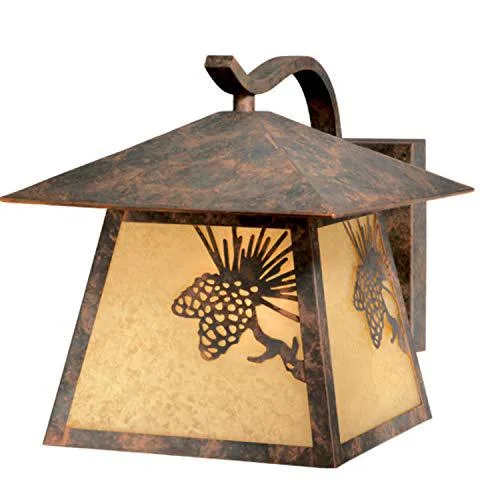 Bronze wall lantern with amber glass and pinecone details