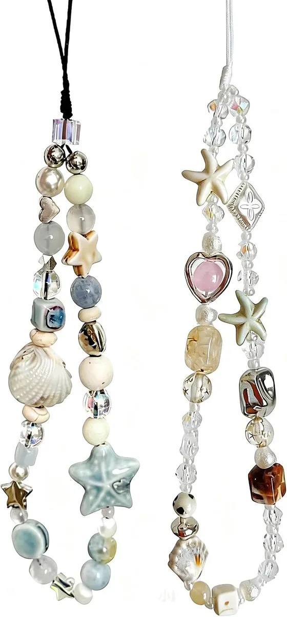 Two pearl-beaded phone charm straps with seashell charms