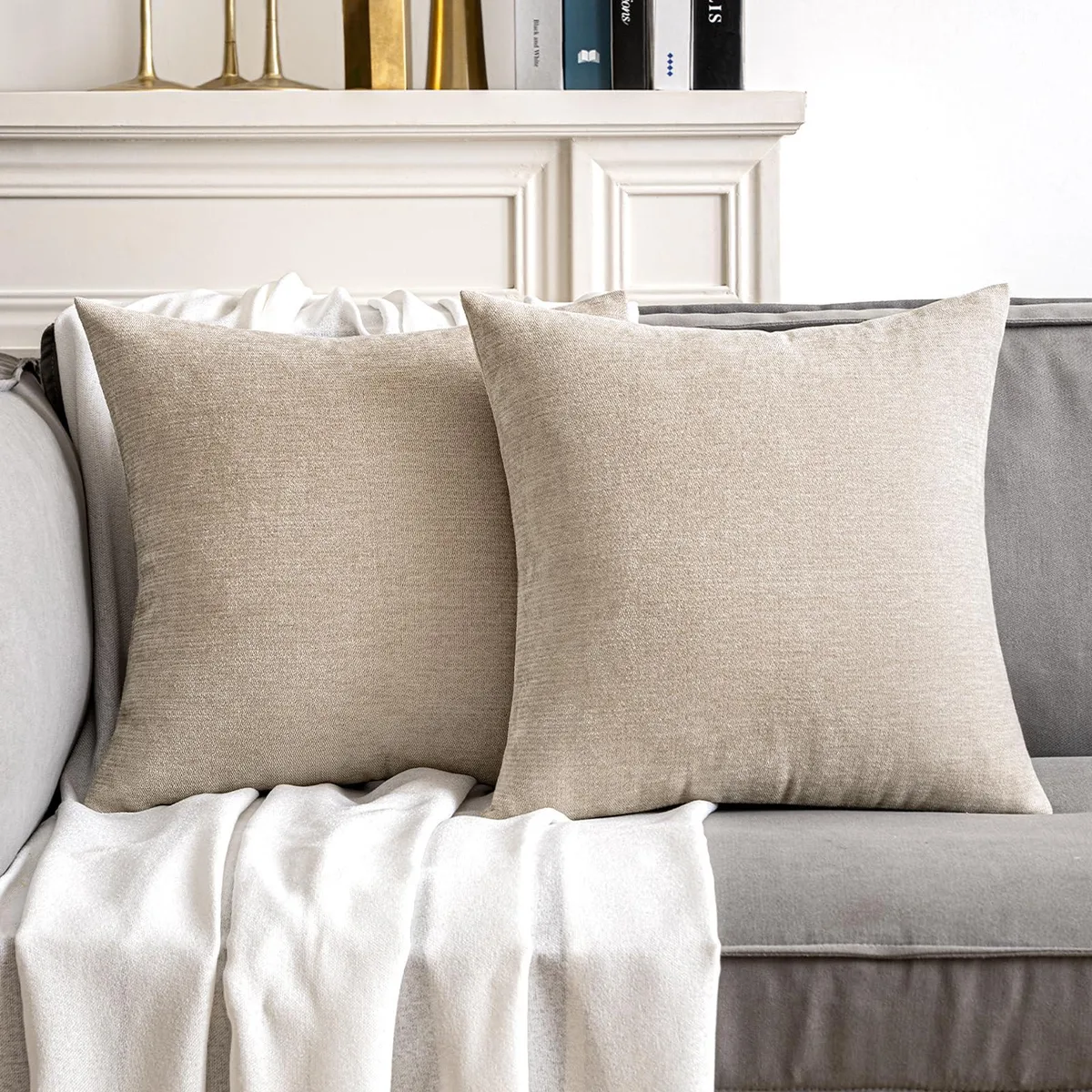 Two square beige chenille pillow covers with hidden zippers, 18 inch each