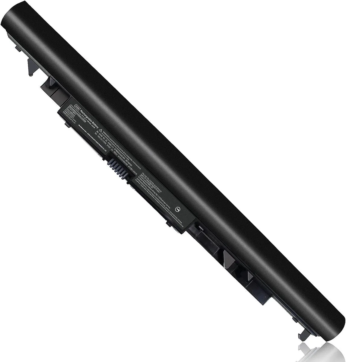 Rectangular black lithium-ion laptop battery with label showing model numbers