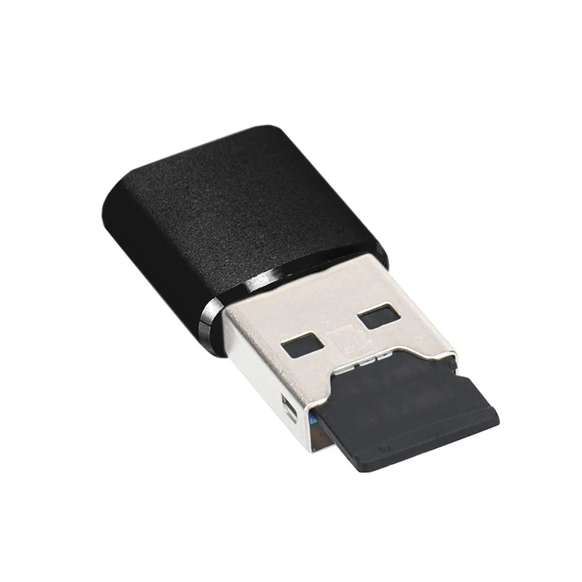 Small rectangular USB 3.0 micro SD card reader in black plastic