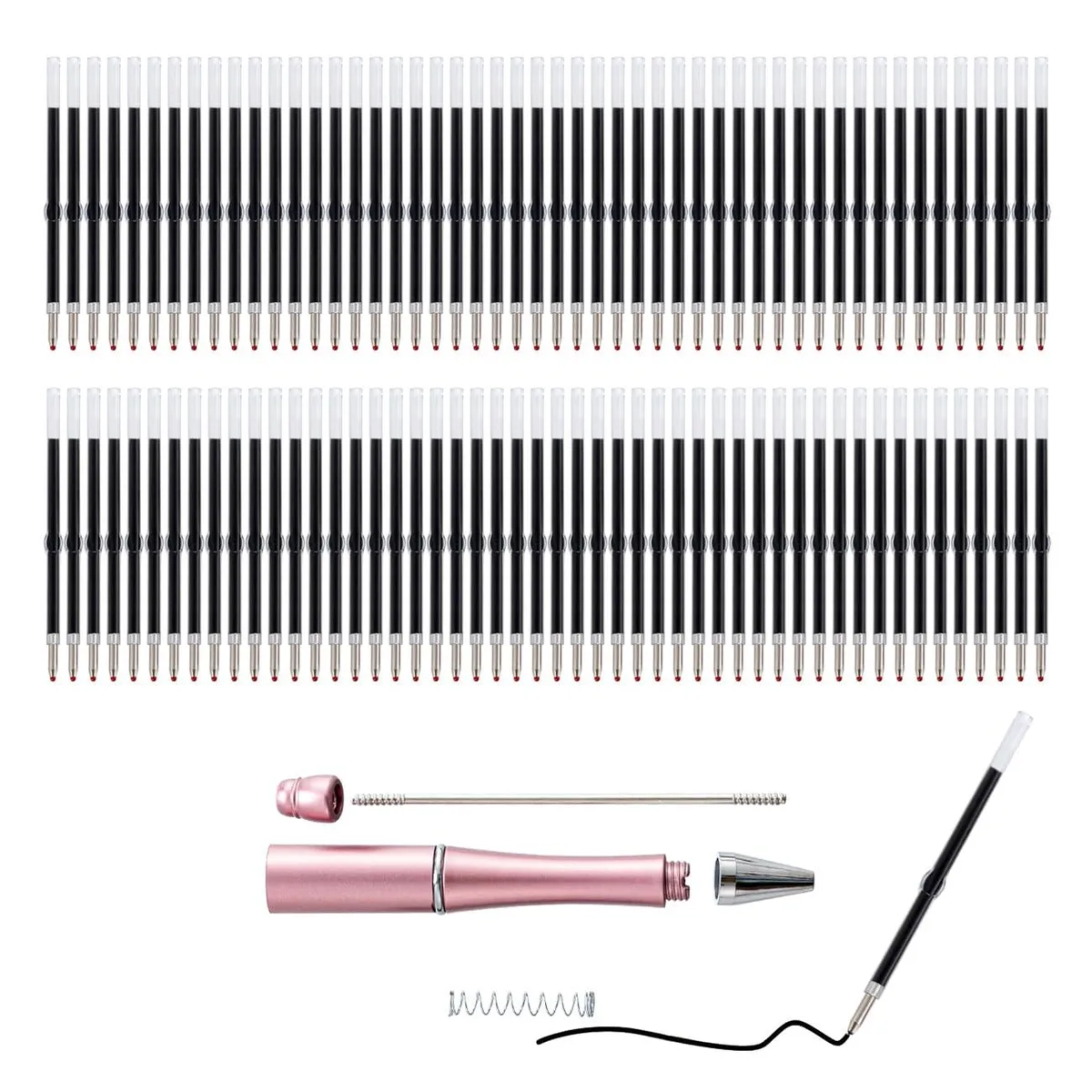 One hundred black ballpoint refills in a clear bag, each 6.2 cm long