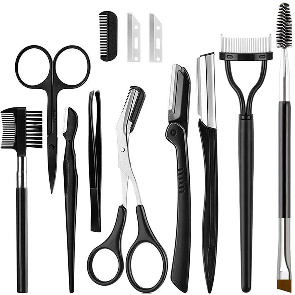 Black 9-piece eyebrow grooming kit with scissors, razors, tweezers, combs, brushes and storage bag
