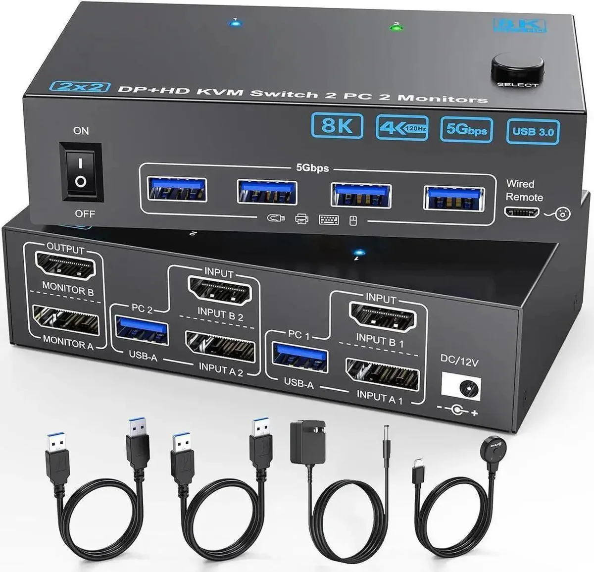 Vszerda Vszerda 2-Port HDMI 2.1 DP 1.4 KVM Switch 8K60 4K144 4×USB 3.0 Wired Remote — product photo