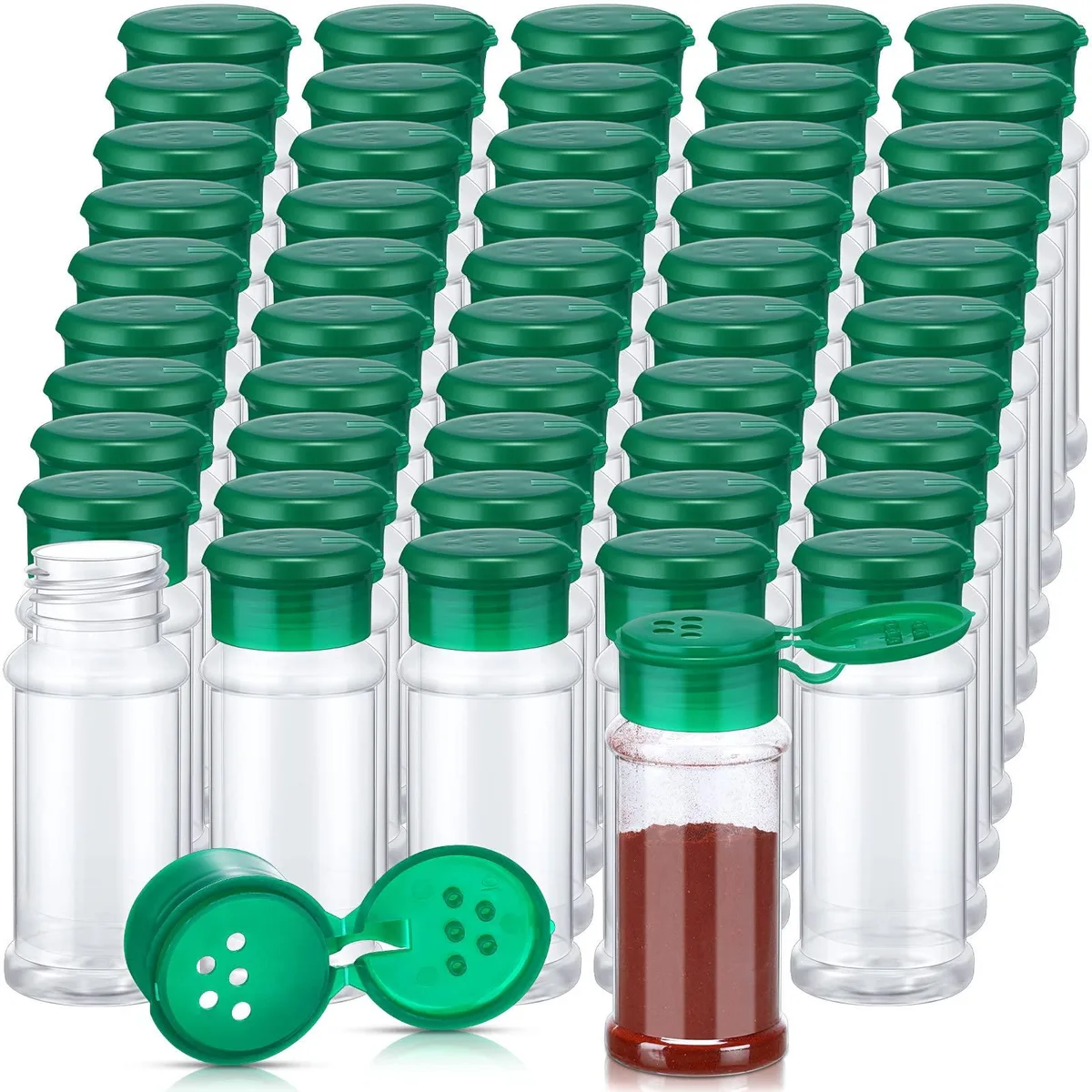 Fifty clear plastic spice jars with silver shaker lids, each 100ml, in a bamboo box