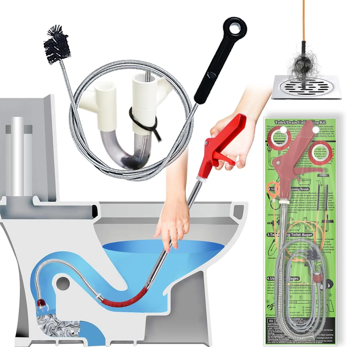 WORKPRO 12-piece drain unblocking kit with 50-inch telescopic toilet auger, grabber jaw and hair remover tools