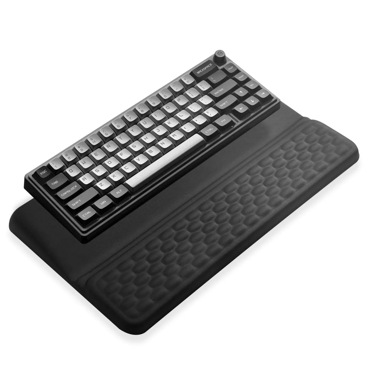 Black fabric wrist rest with memory foam cushion and non-slip PU base, 43cm wide