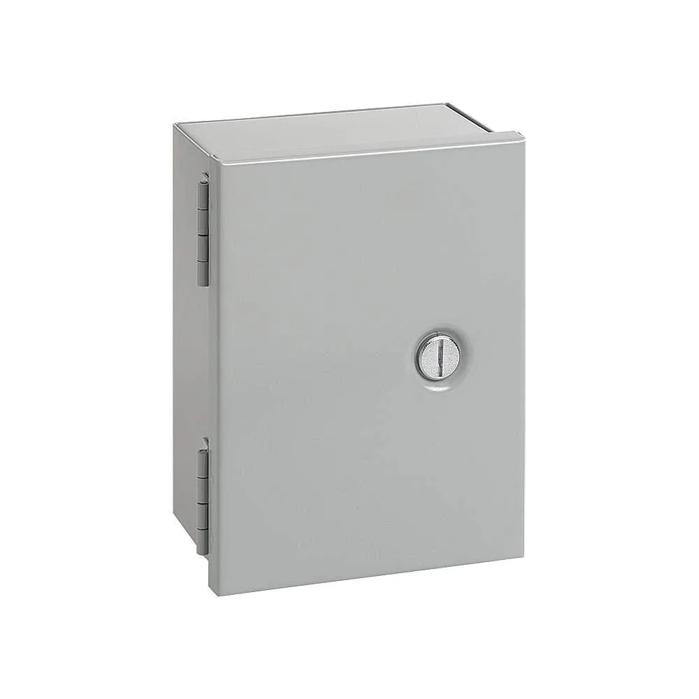 Gray carbon steel electrical enclosure 10 in high 6 in deep hinged cover flush slotted latch powder coated finish