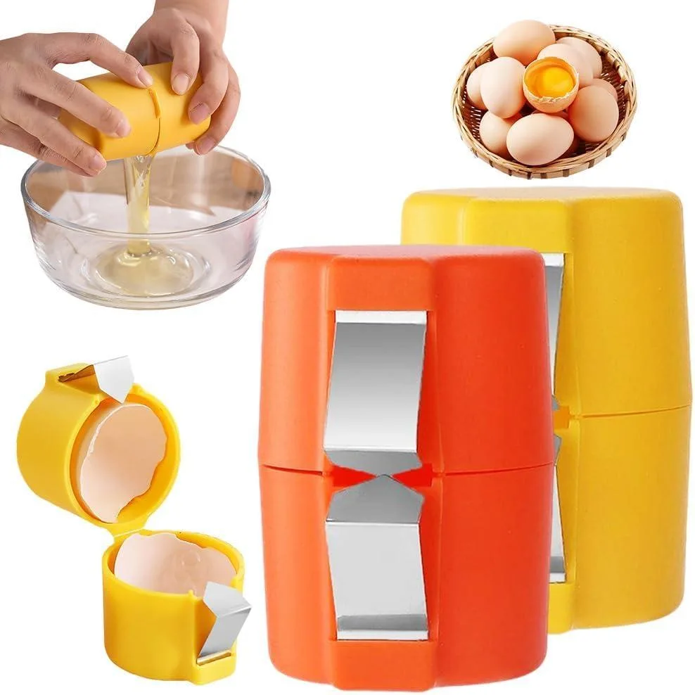 Two handheld egg openers, orange and yellow, plastic and stainless steel, oval groove design