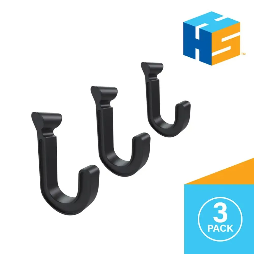 Three black plastic J-hooks on a modular rail