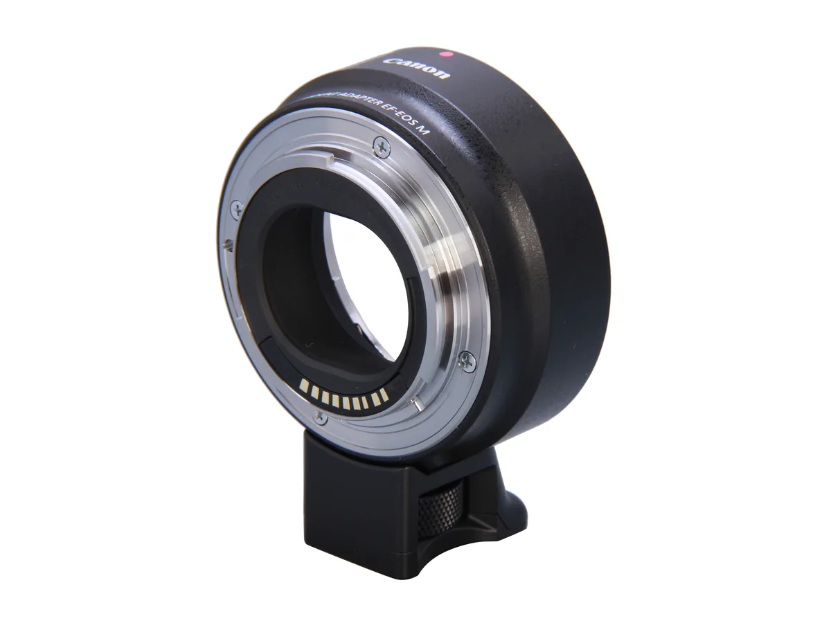 Black Canon EF-EOS M mount adapter with detachable tripod foot and caps
