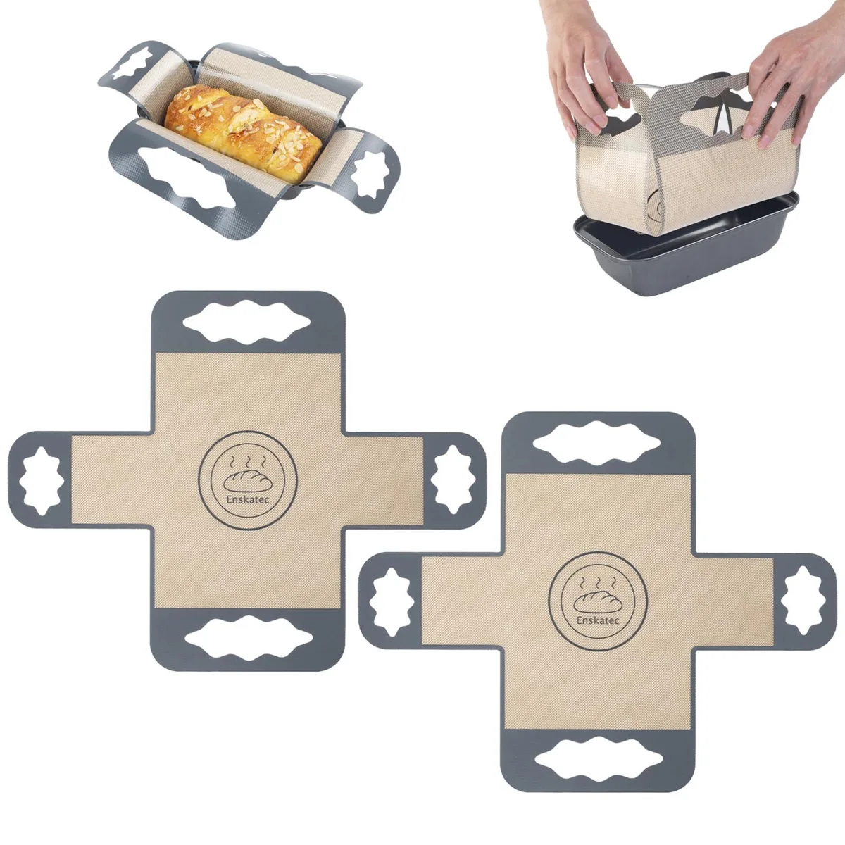 Two rectangular silicone loaf-pan liners with four handles each, pale neutral colour