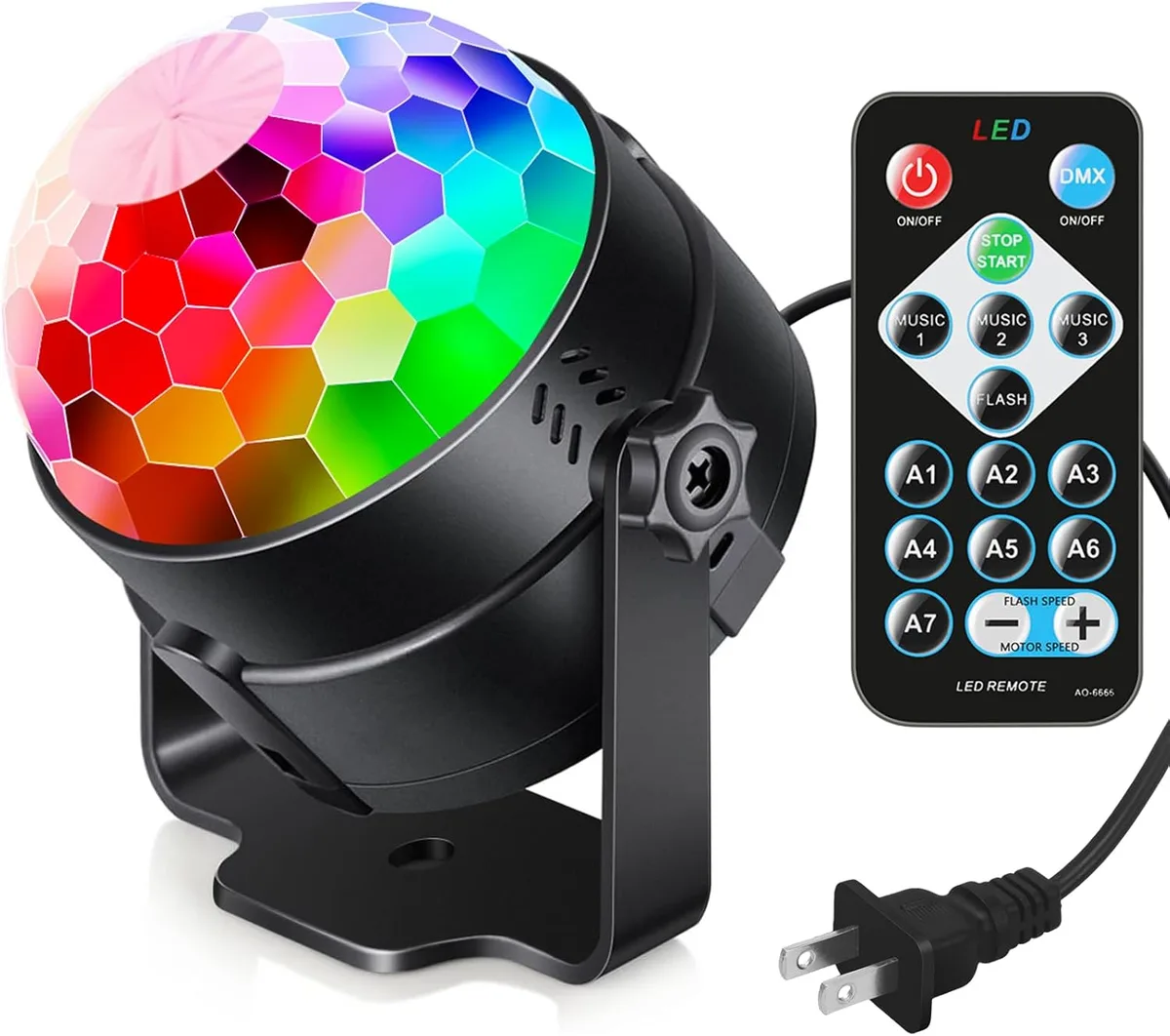 Compact cube disco light with three lenses and a remote control