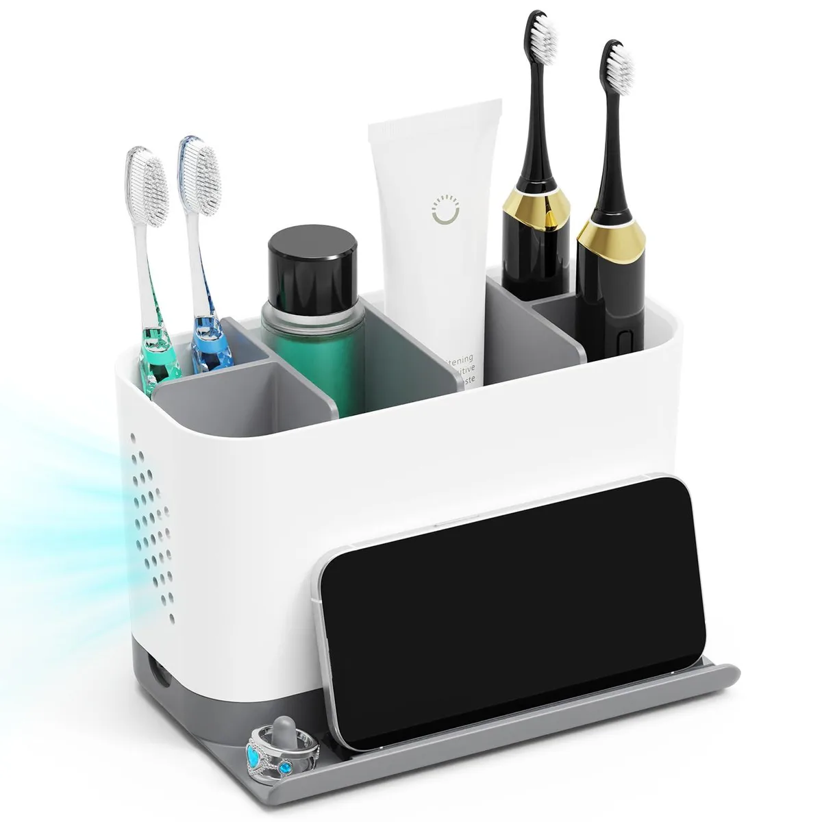 White countertop toothbrush holder with six adjustable slots, front ledge, cord hole and drainage vents
