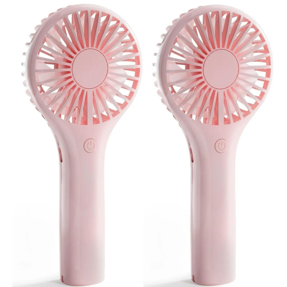 Two pink handheld fans with silver blades, matte plastic finish, lanyards attached