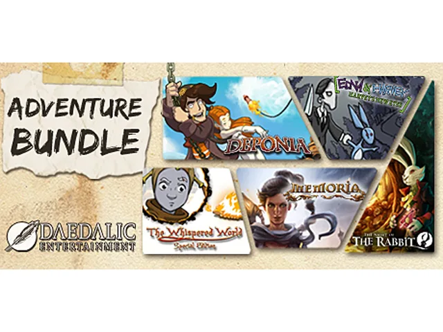 Digital game bundle key artwork showing five adventure titles on Steam