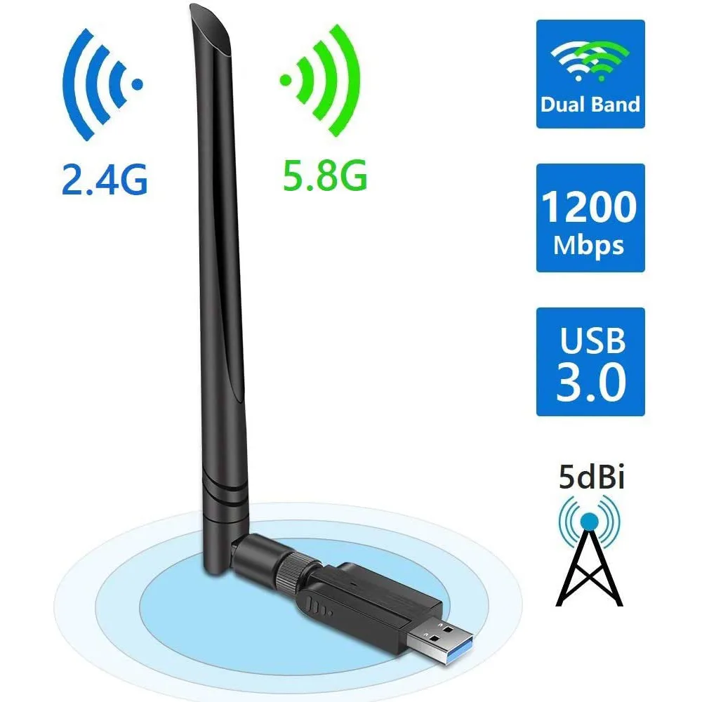 IHDAPP IHDAPP USB 3.0 Wi-Fi Adapter AC1200 Dual Band 5.8 GHz 5dBi Antenna Black — product photo