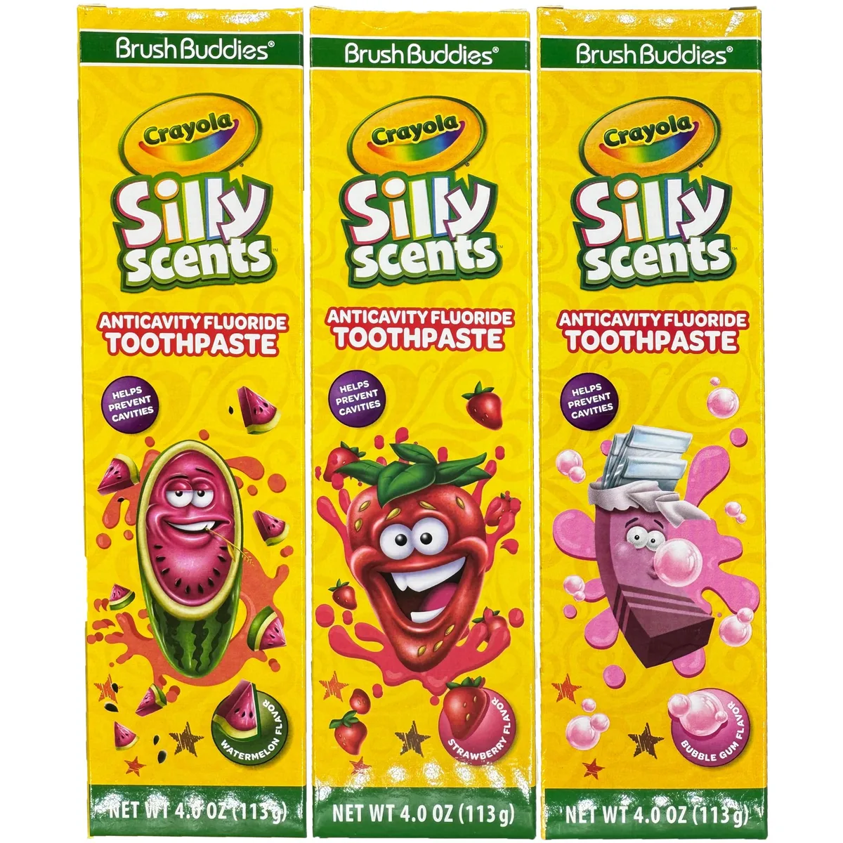 Three 4oz toothpaste tubes in strawberry, watermelon, bubble gum flavors