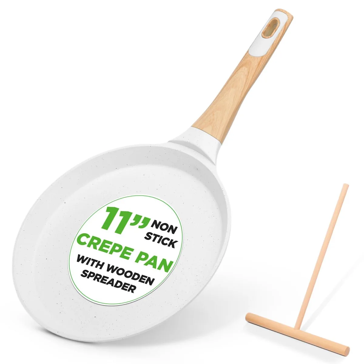 White cream marble coated 11 inch crepe pan with wooden handle and spreader