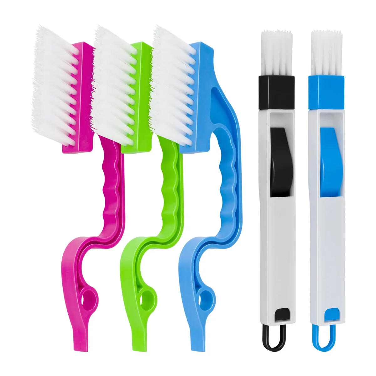 Five-piece window track brush set with integrated scrapers and mini dustpans, compact plastic handles