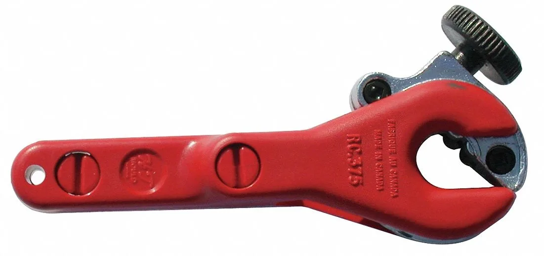 Yellow ratcheting pipe cutter with fiberglass body and nylon handle, 4 inches long