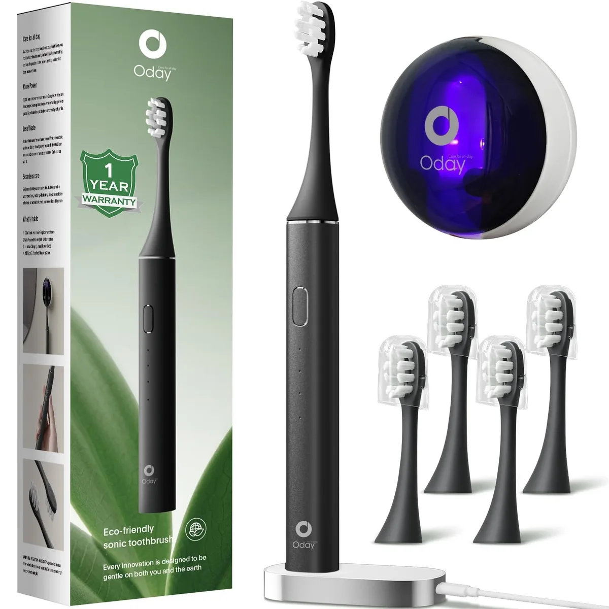 Black sonic toothbrush handle, wireless charging base, wall-mounted UV sanitizer holder with cover, four brush heads