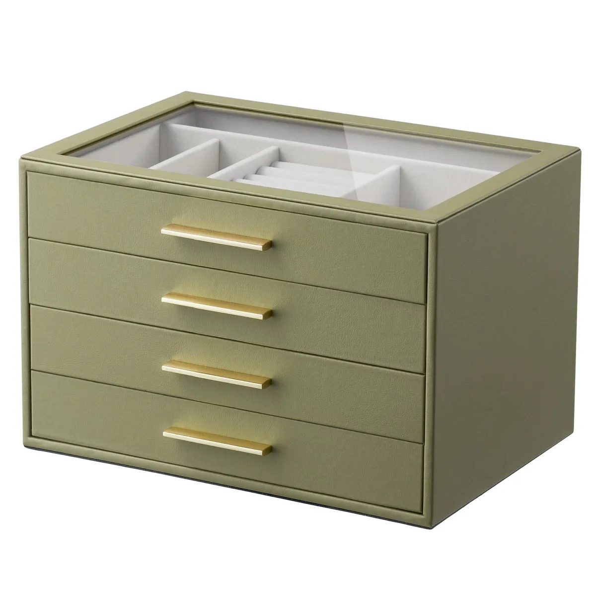 Olive green leather jewelry box with glass top and four drawers, cream velvet lining