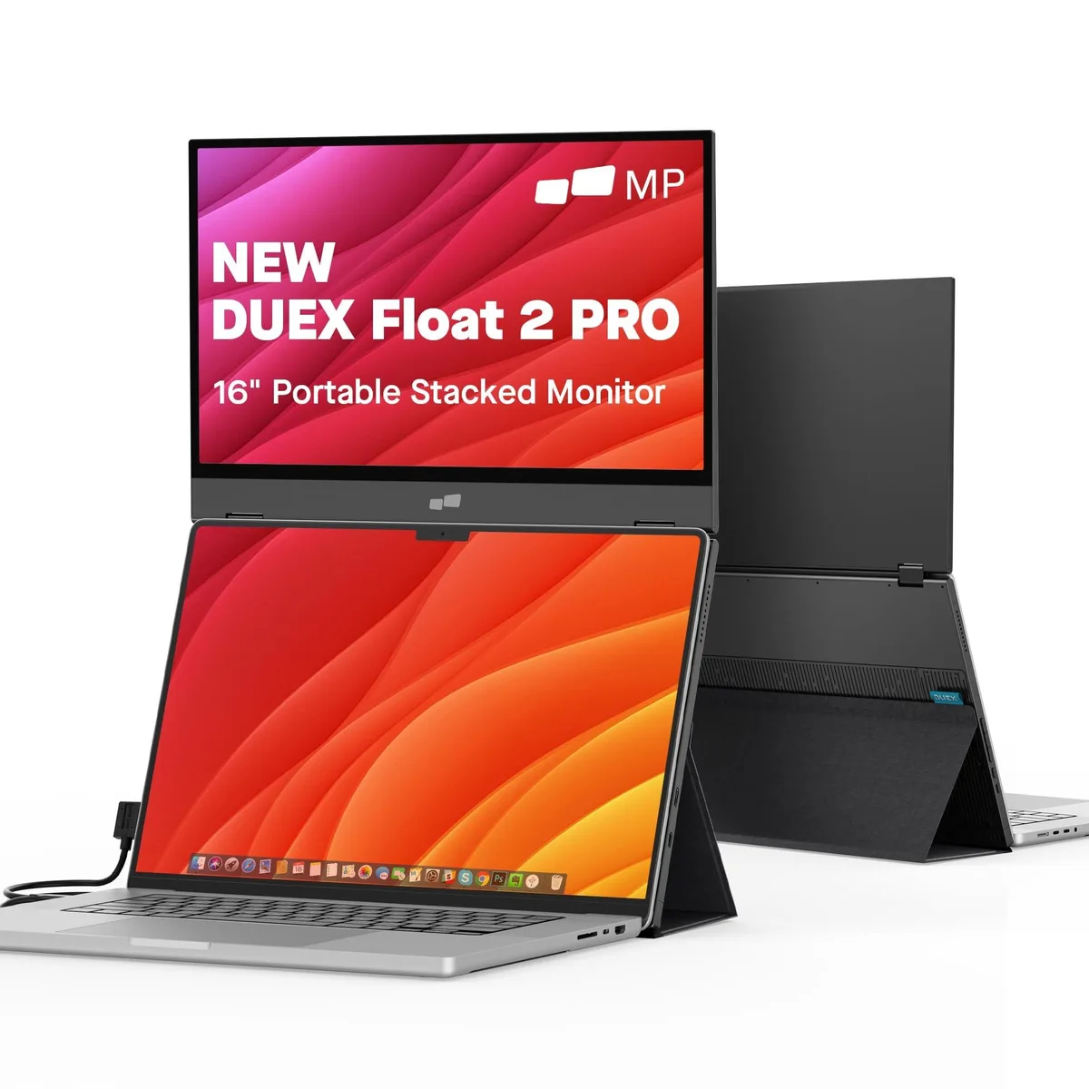 A slim 16-inch portable monitor with built-in kickstand attached to a laptop