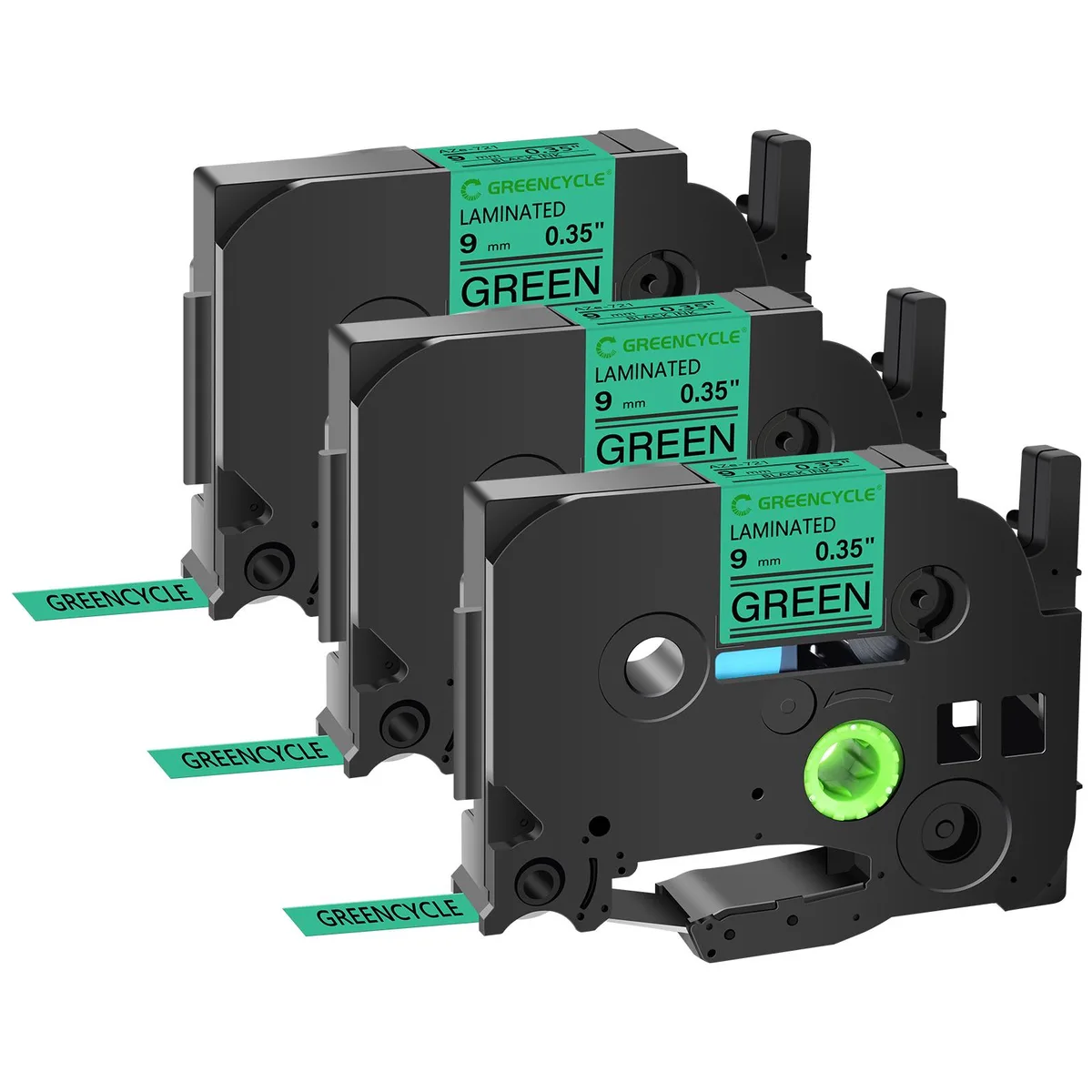 GREENCYCLE GREENCYCLE TZe-721 9mm 0.35 Laminated Black on Green Label Tape 3 Pack — product photo