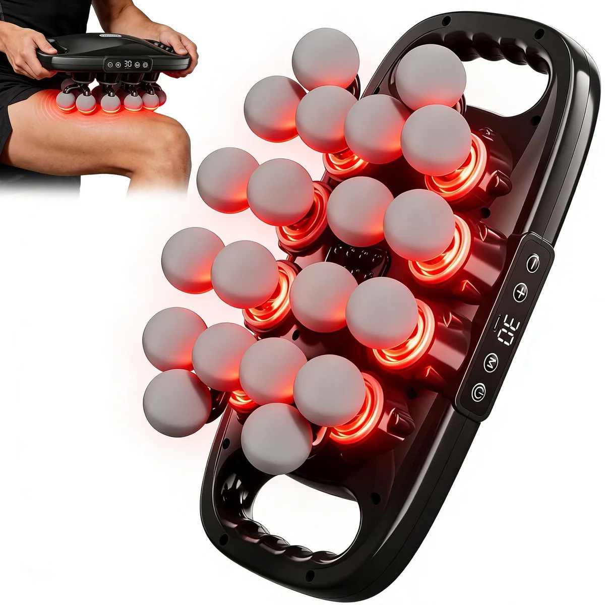 Blue handheld percussion massager with ergonomic handle and multiple attachment heads
