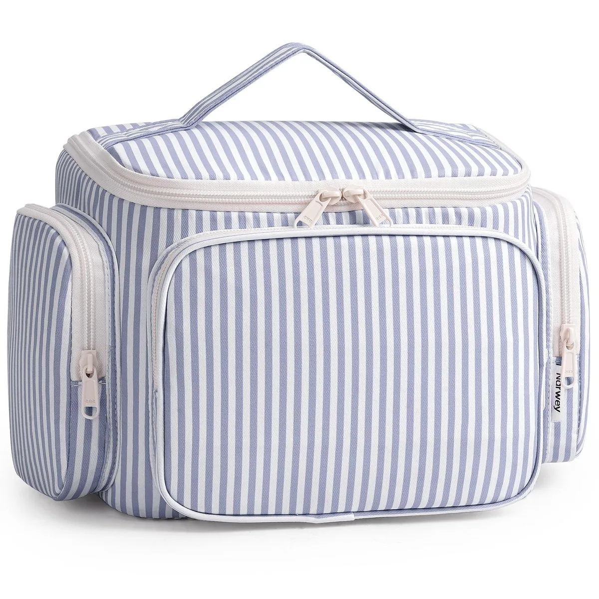 Beige striped polyester hanging toiletry bag with metal hook