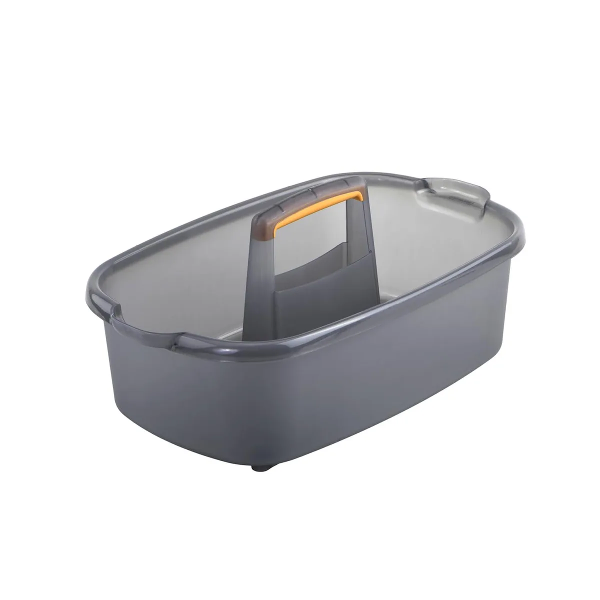 Rectangular gray plastic caddy with orange handle, 14.33in W x 12.83in H x 9.06in D