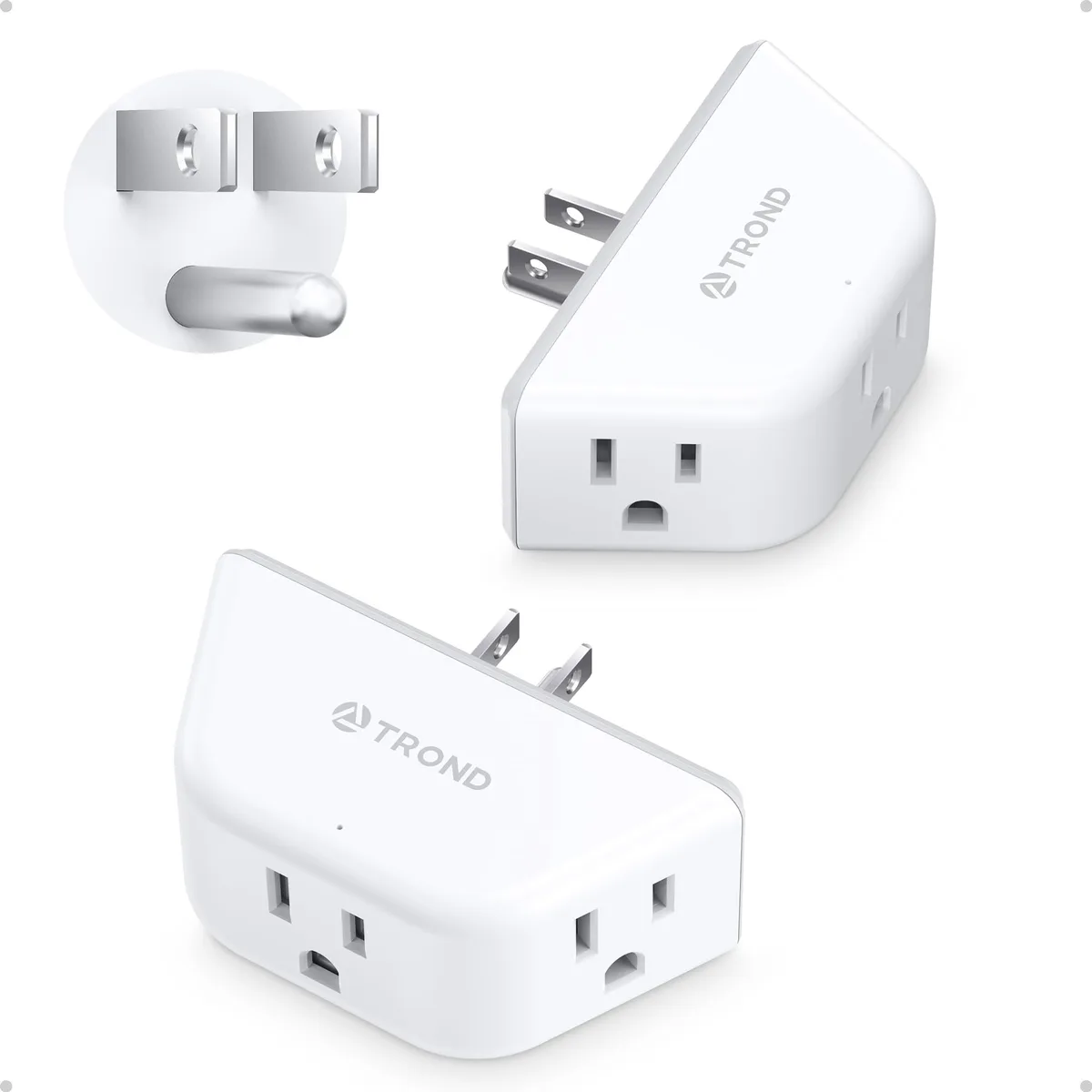 TD-EA-US13 3 Way Angled Wall Outlet Adapter 15A 125V 1875W 360° Rotating 2 Pack — product photo