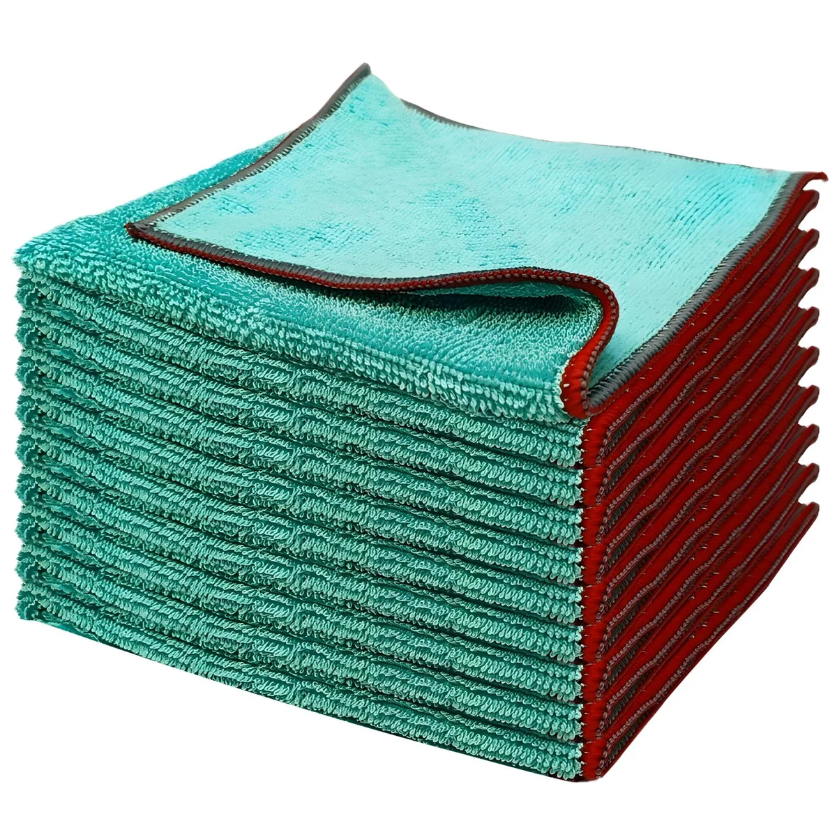 Five square green microfiber cloths folded in a stack