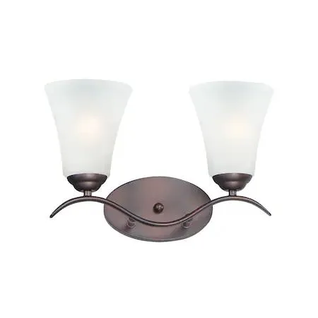 Oil-rubbed bronze vanity light with two frosted glass shades on curved arms, 14.5 inches wide