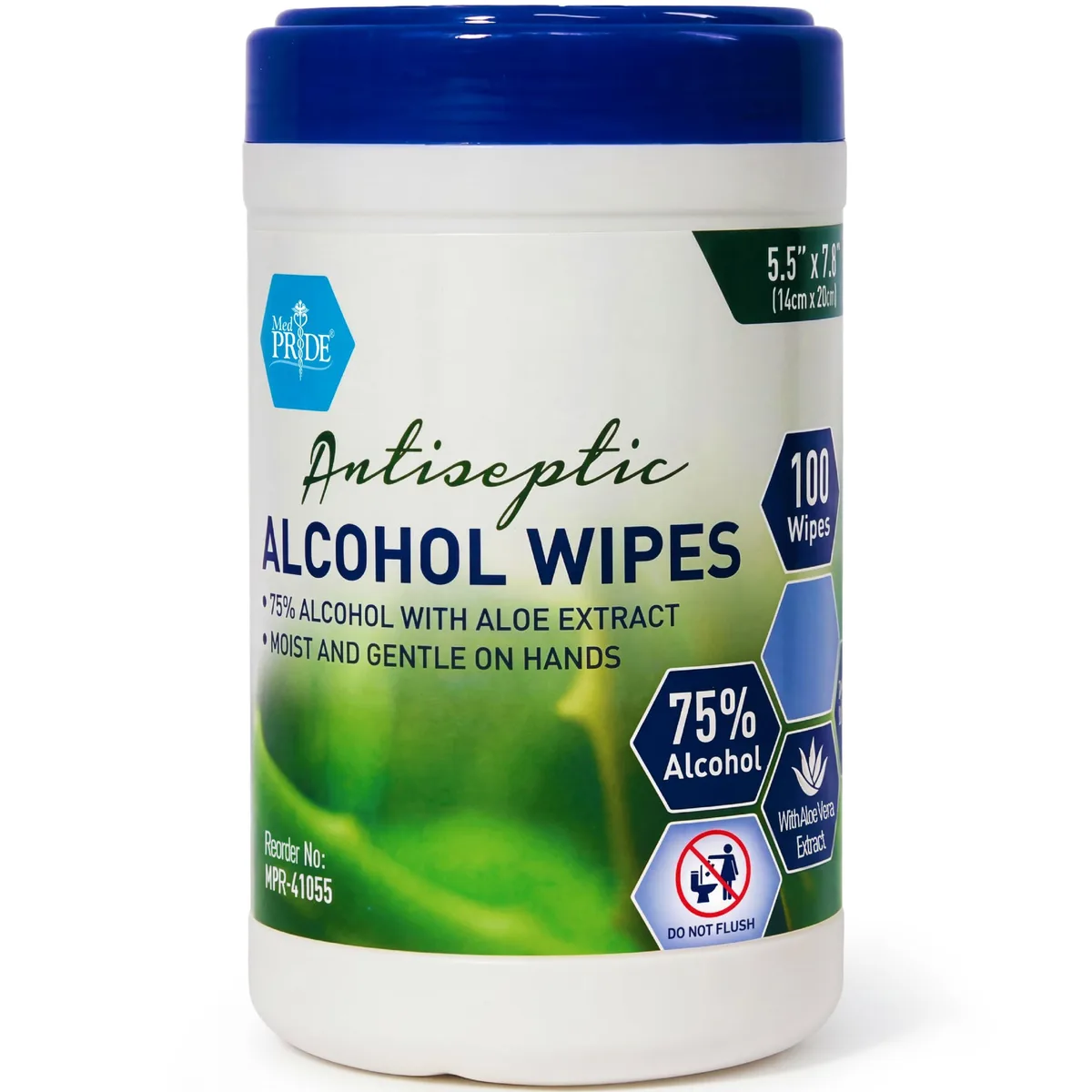 Rectangular box of 100 alcohol wipes with aloe vera, resealable lid