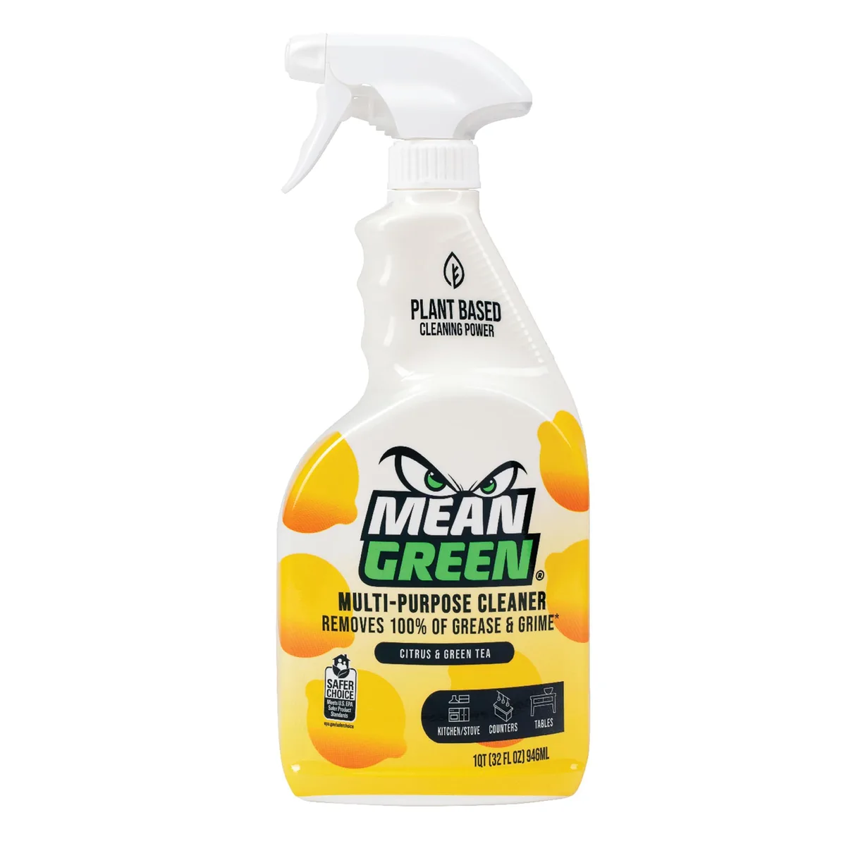 Clear 32 oz spray bottle with citrus green tea cleaner liquid and trigger nozzle