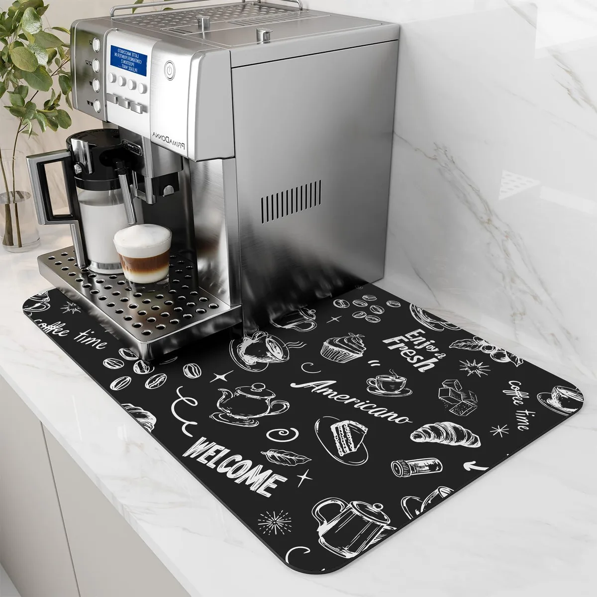 Rectangular dark ink coffee mat with rubber backing, 12 by 19 inches