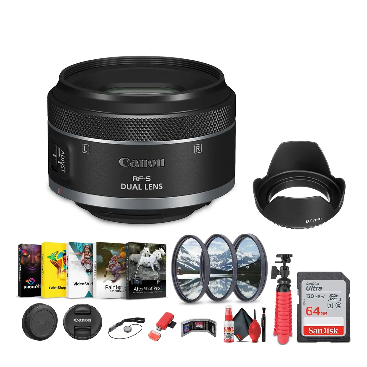 Canon Canon RF-S 7.8mm f/4 STM Dual Lens + Sling Backpack + 64GB Card + Accessories — product photo